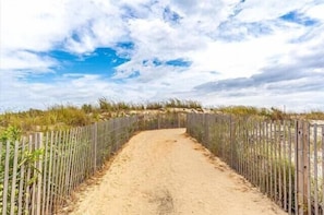 A sandy path flanked by wooden fences leading to a dune area.