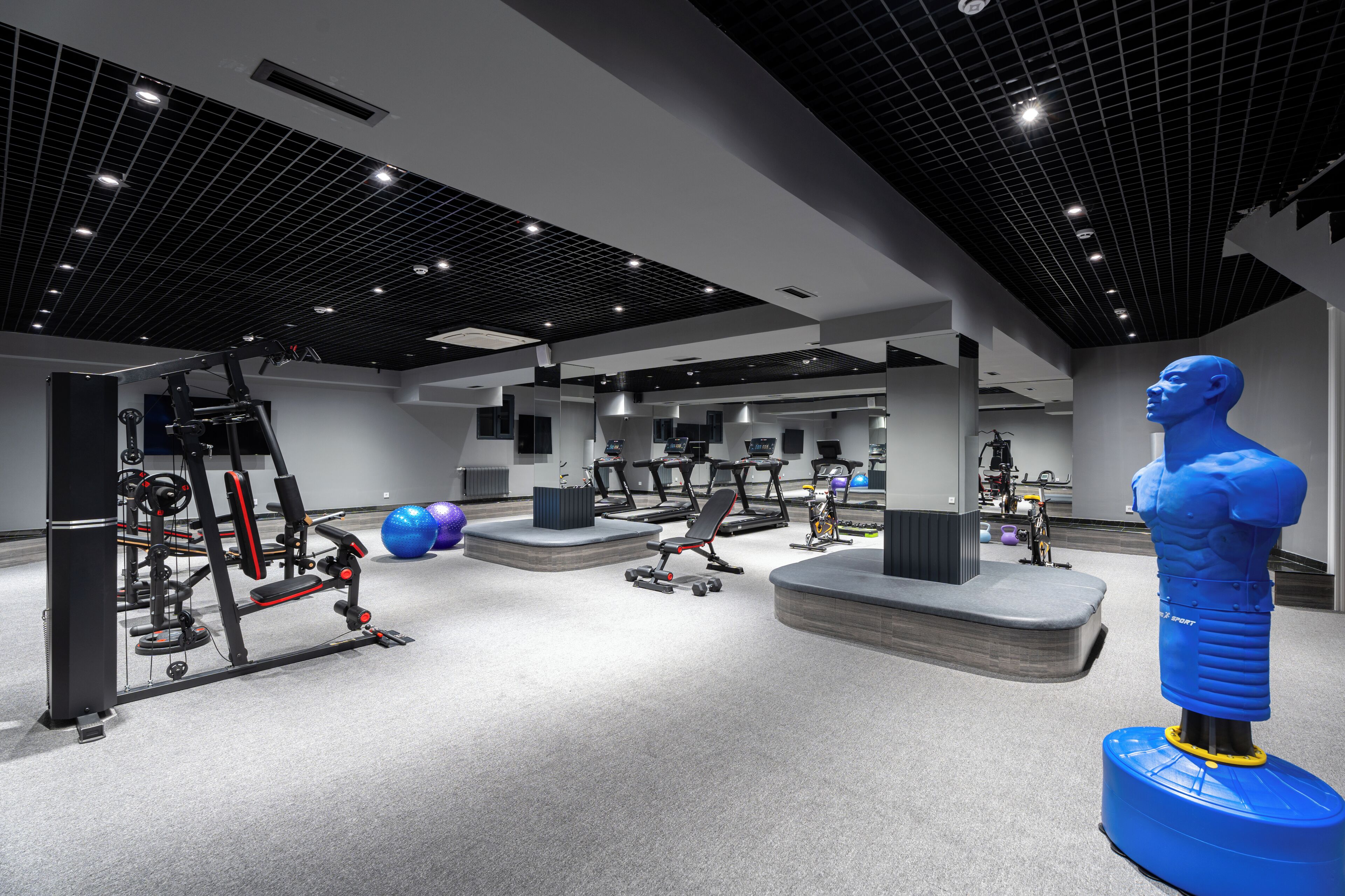Een moderne sportschool met diverse fitnessapparaten, waaronder loopbanden, een bankdrukpers en losse gewichten.
