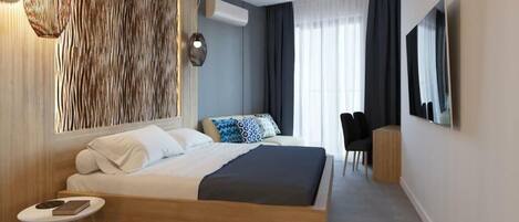 A modern bedroom with a wooden bed, a small bedside table, a chair, and a large mirror on the wall.