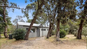 A small, single-story building with a metal roof, surrounded by trees and a dirt path. - Westwind - Waterfront Retreat: Secluded lodges perfect for nature lovers (Forge Creek)