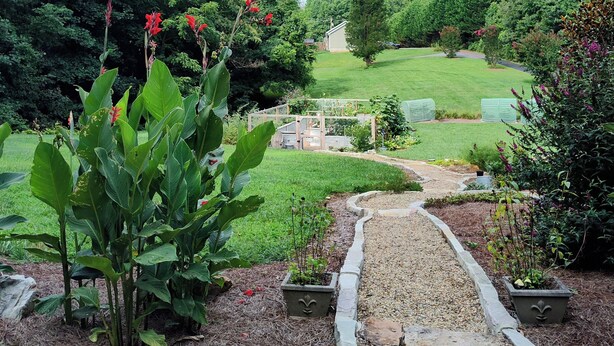 A garden pathway leading to a wooden fence, surrounded by lush greenery and flowering plants.