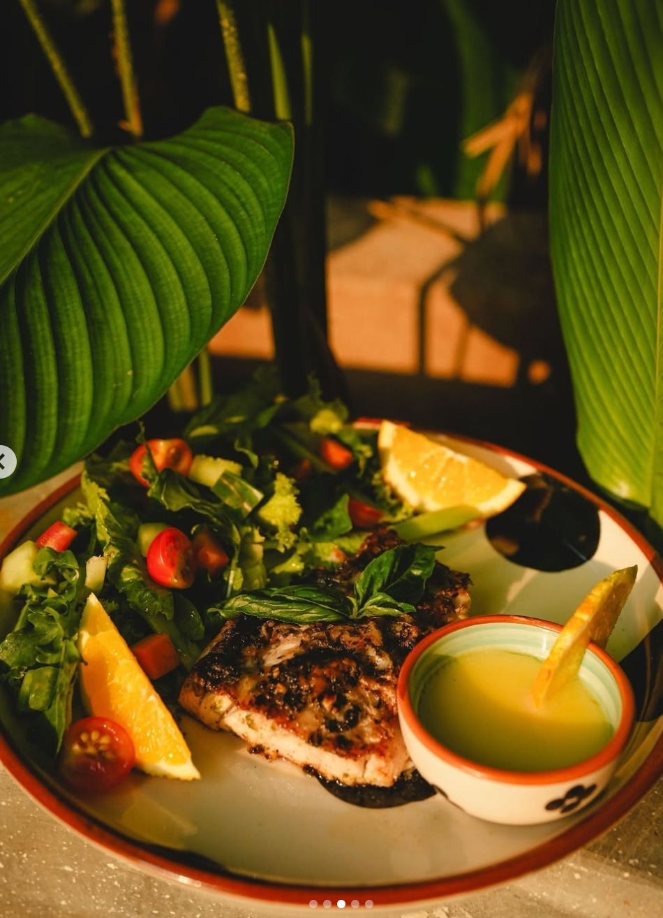 A plate with grilled chicken, a salad, and a small bowl of sauce.