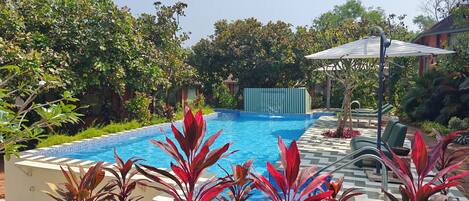 A swimming pool with a tiled deck, surrounded by lush greenery and a pergola with a roof.