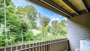 A wooden deck with a railing overlooking a forested area. - Cascades studio Sleeps 3 (Newry)