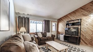 Un salon confortable avec un canapé, une table basse et un téléviseur.
