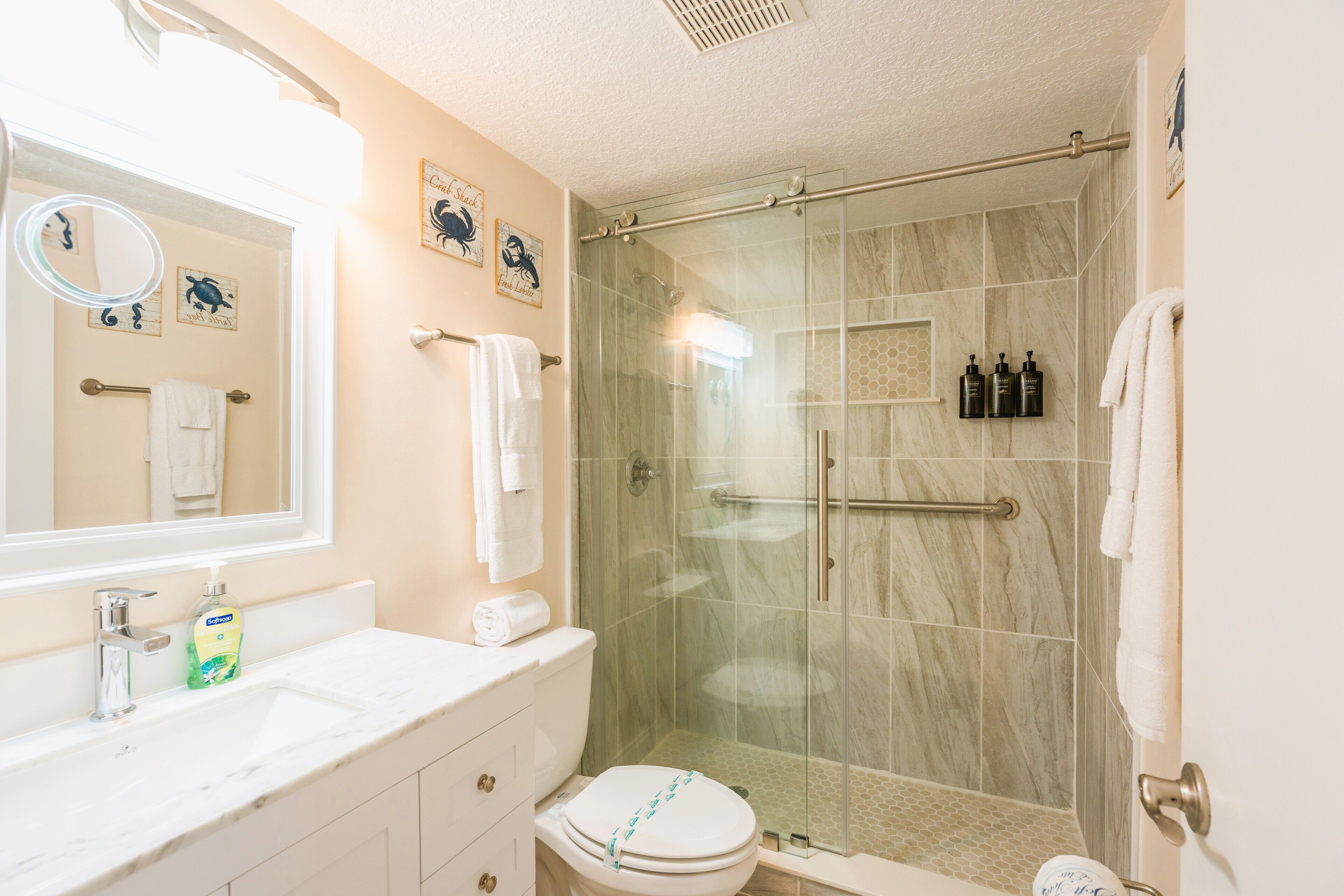 Une salle de bain avec une douche à parois de verre, un lavabo blanc et des toilettes.