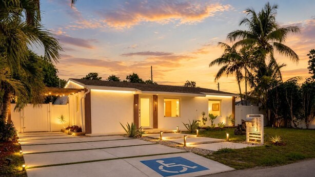 Una casa moderna con entrada accesible para sillas de ruedas, palmeras y un cielo al atardecer.