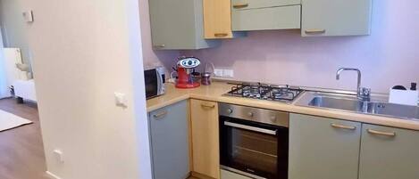 Fridge, microwave, stovetop, high chair