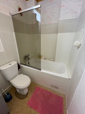 Een haardroger, handdoeken, zeep, toiletpapier