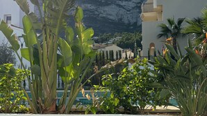 A rooftop garden with large banana leaves, a pool, and a mountain backdrop.