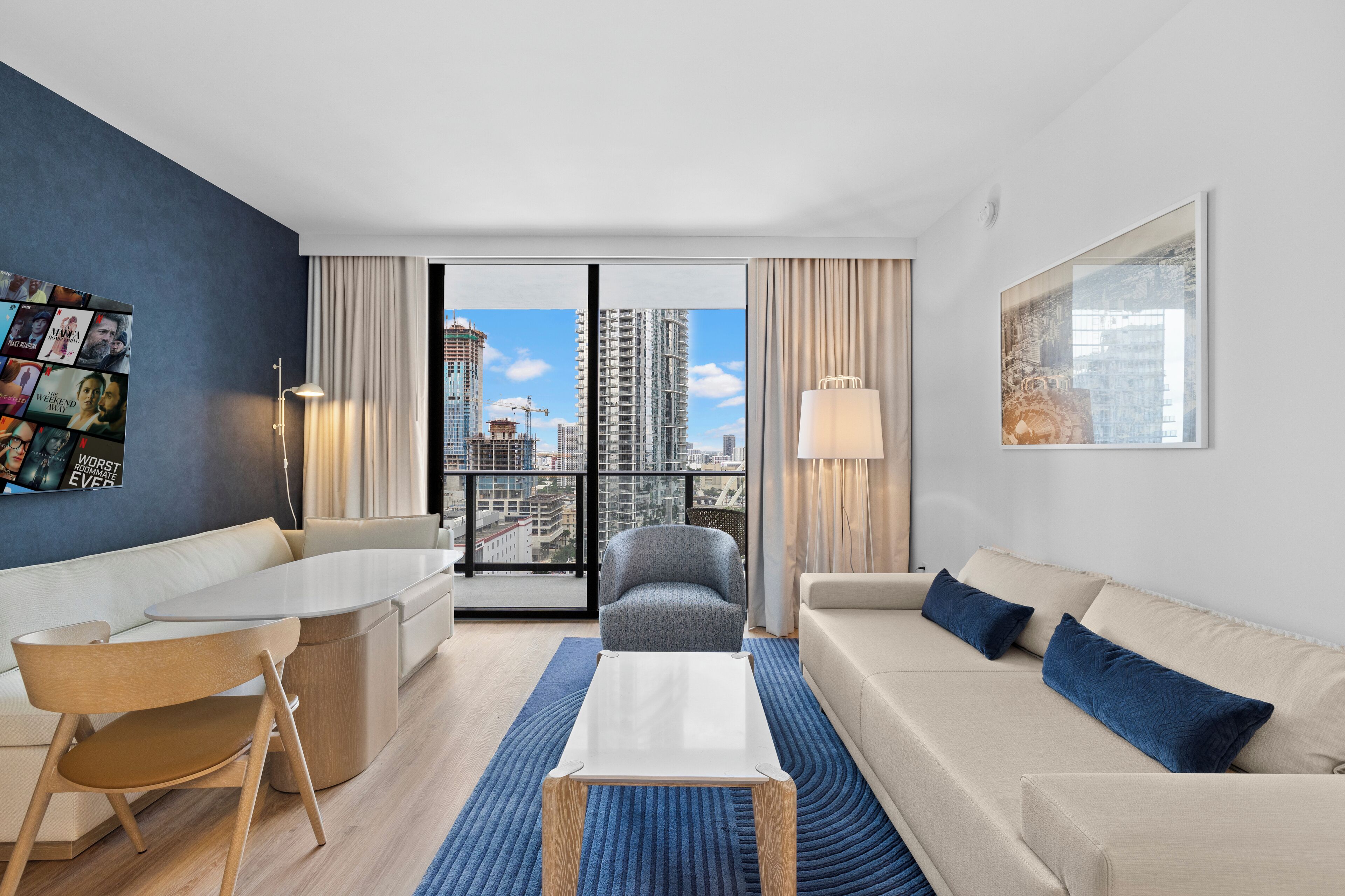 Luxury Apartment, 1 Bedroom, City View | Living area | 50-inch Smart TV with cable channels