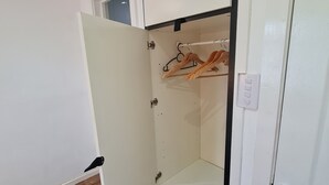 Una habitación con armario, suelo de madera y una puerta.