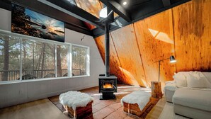 A modern interior with a fireplace, wooden walls, and large windows overlooking a forest.