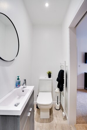 Shower, towels, soap, toilet paper