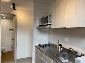 Deluxe studio, balkon, uitzicht op de stad | Privékeuken | Een koelkast met diepvriezer, een microgolfoven, een kookplaat