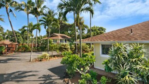A residential area with a paved driveway, palm trees, and houses with brown roofs. - Summer Deal Kapaa 1BR Cottage Walk to Beach Shops and Dining (KAPAA)