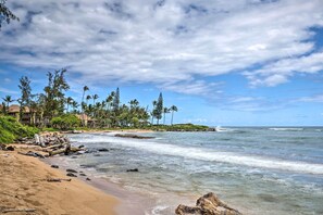 A beach with clear skies, palm trees, and a rocky shoreline.