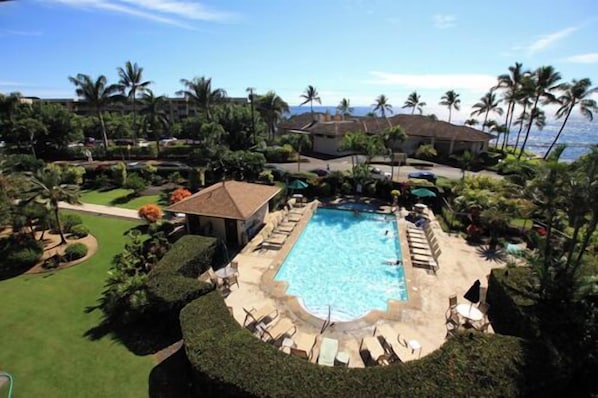 A swimming pool surrounded by lounge chairs and a small building, with palm trees and a view of the ocean in the background.