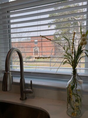 A kitchen with a stainless steel faucet and a vase of flowers on the windowsill. - Elizabeth Manor in Downtown Huntsville (Huntsville)