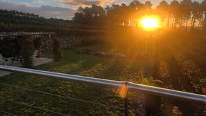 Vista al atardecer desde un balcón con muro de piedra, zona con césped y árboles al fondo.