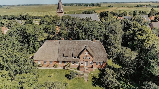 A large, two-story building with a steeply pitched roof, surrounded by dense trees and a clear sky. - North SeaEstate under thatch with sauna near Sankt Peter-Ording / Eiderstedt peninsula (Tetenbüll)