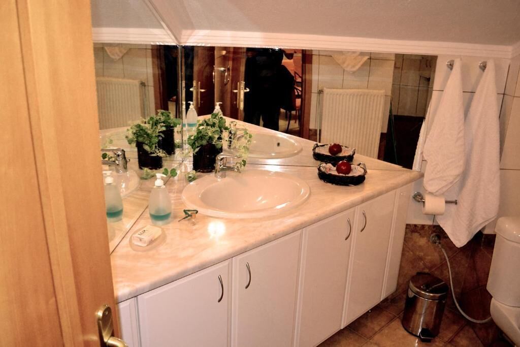 A bathroom with a double sink, a mirror, a towel rack, and a trash can.