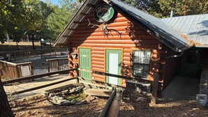 Una cabaña rústica de troncos con puerta y ventanas verdes, rodeada por una terraza de madera y un pequeño estanque.