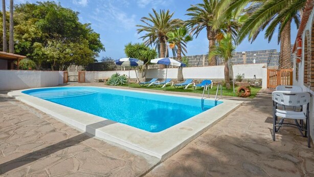 Ein rechteckiger Swimmingpool mit klarem, blauem Wasser, umgeben von Liegestühlen, Sonnenschirmen, Palmen und einer Steinterrasse.