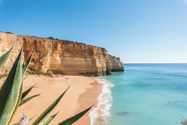 On the beach, sun loungers, beach towels