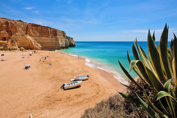 On the beach, sun-loungers, beach towels