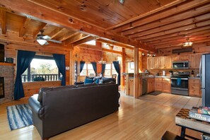 Smart TV, fireplace, foosball