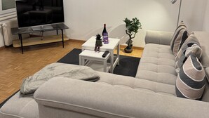 Un salon moderne avec un canapé, un téléviseur posé sur un meuble, une petite table sur laquelle se trouvent une bouteille et une plante, et une lampe sur pied.