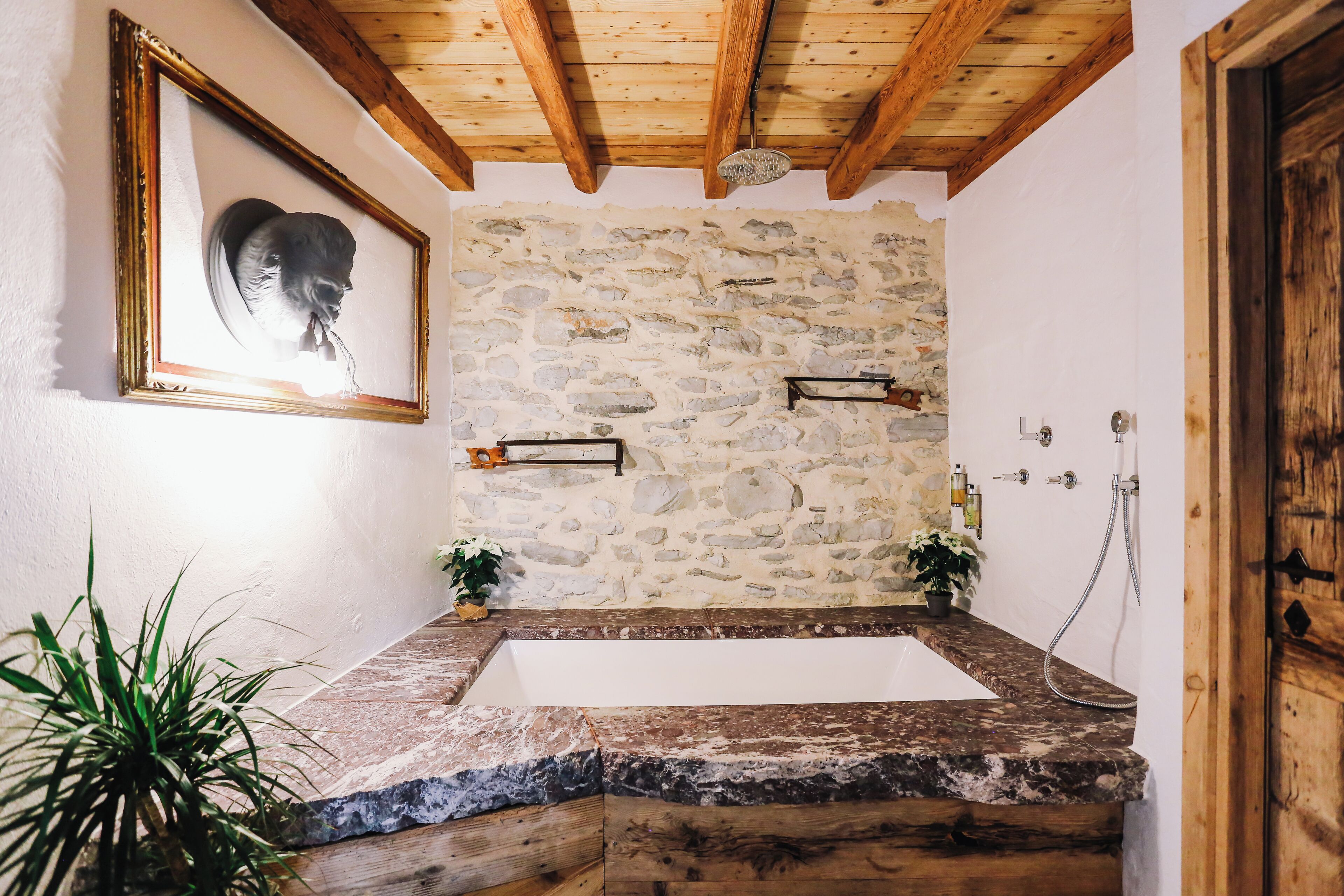 Un baño con pared de piedra, vigas de madera, un cuadro enmarco, un lavamanos y dos plantas en macetas.