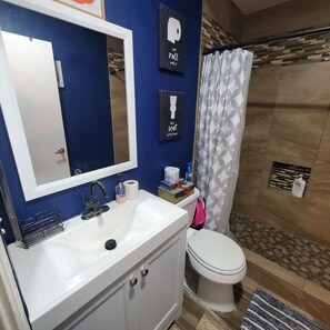 Secadora de cabello, toallas, jabón, shampoo 