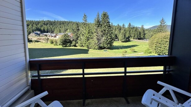 A balcony with a view of a lake, trees, and a distant mountain range.