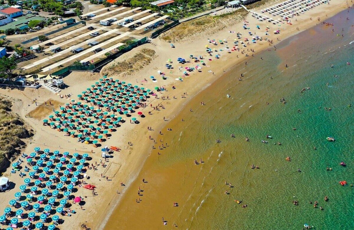 An aerial view of a beach with rows of umbrellas and beachgoers.