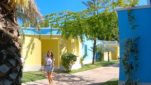 Un vialetto conduce a un edificio dalle pareti gialle e blu, immerso nel verde e con una palma.
