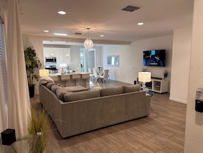 Smart TV, fireplace, books, stereo