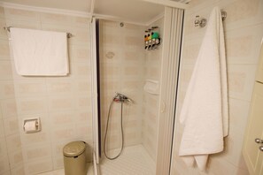 Douche, sèche-cheveux, serviettes fournies, savon