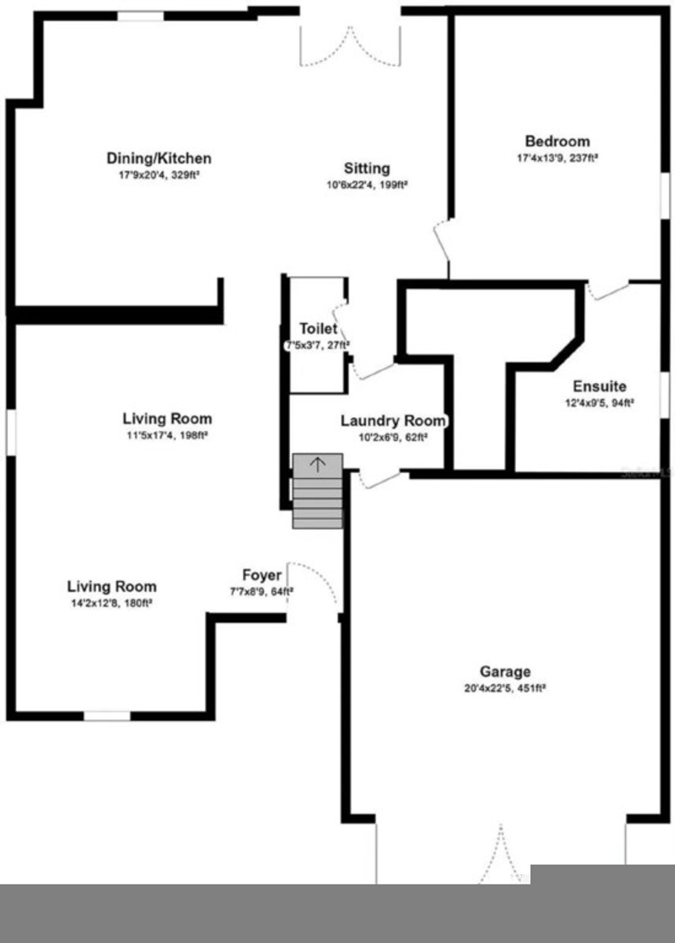 A floor plan with a dining/kitchen, two living rooms, a foyer, a garage, a sitting area, a bedroom, a laundry room, a toilet, and an ensuite.