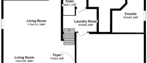 A floor plan with a dining/kitchen, two living rooms, a foyer, a garage, a sitting area, a bedroom, a laundry room, a toilet, and an ensuite.