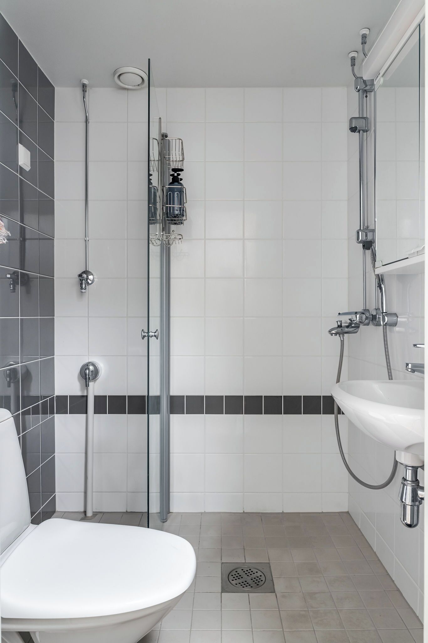 A modern bathroom with a white toilet, a shower with a handheld showerhead, and a sink with a faucet.