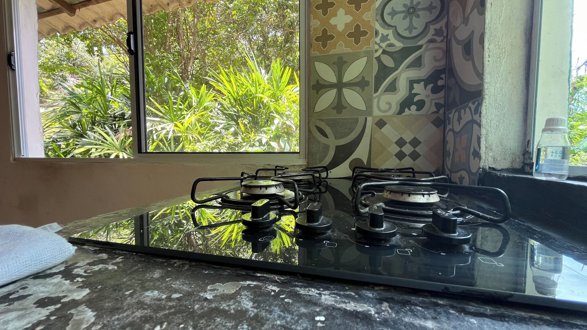 A kitchen with a gas stove, a window with a view of greenery, and a patterned wall.