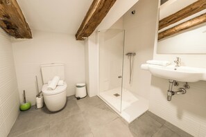 Ein modernes Badezimmer mit Toilette, Bidet und einer Duschkabine.