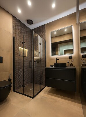 Hair dryer, bidet, towels, soap
