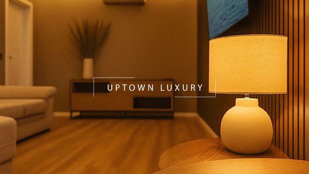 A modern living room with a sofa, a TV, and a lamp.