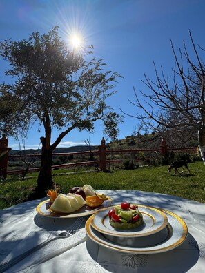 Taula amb dos plats de menjar, un arbre i un cel blau clar.