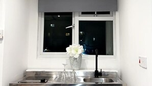 Eine kompakte Küche mit Fenster über der Spüle, einer Blumenvase und einem modernen Wasserhahn.