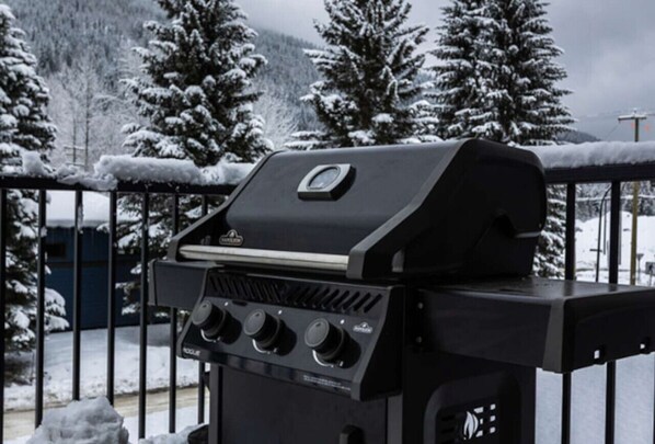 A black outdoor grill with three control knobs and a digital display, set against a snowy landscape with trees and a mountain in the background. - Q's Hideaway (Revelstoke)
