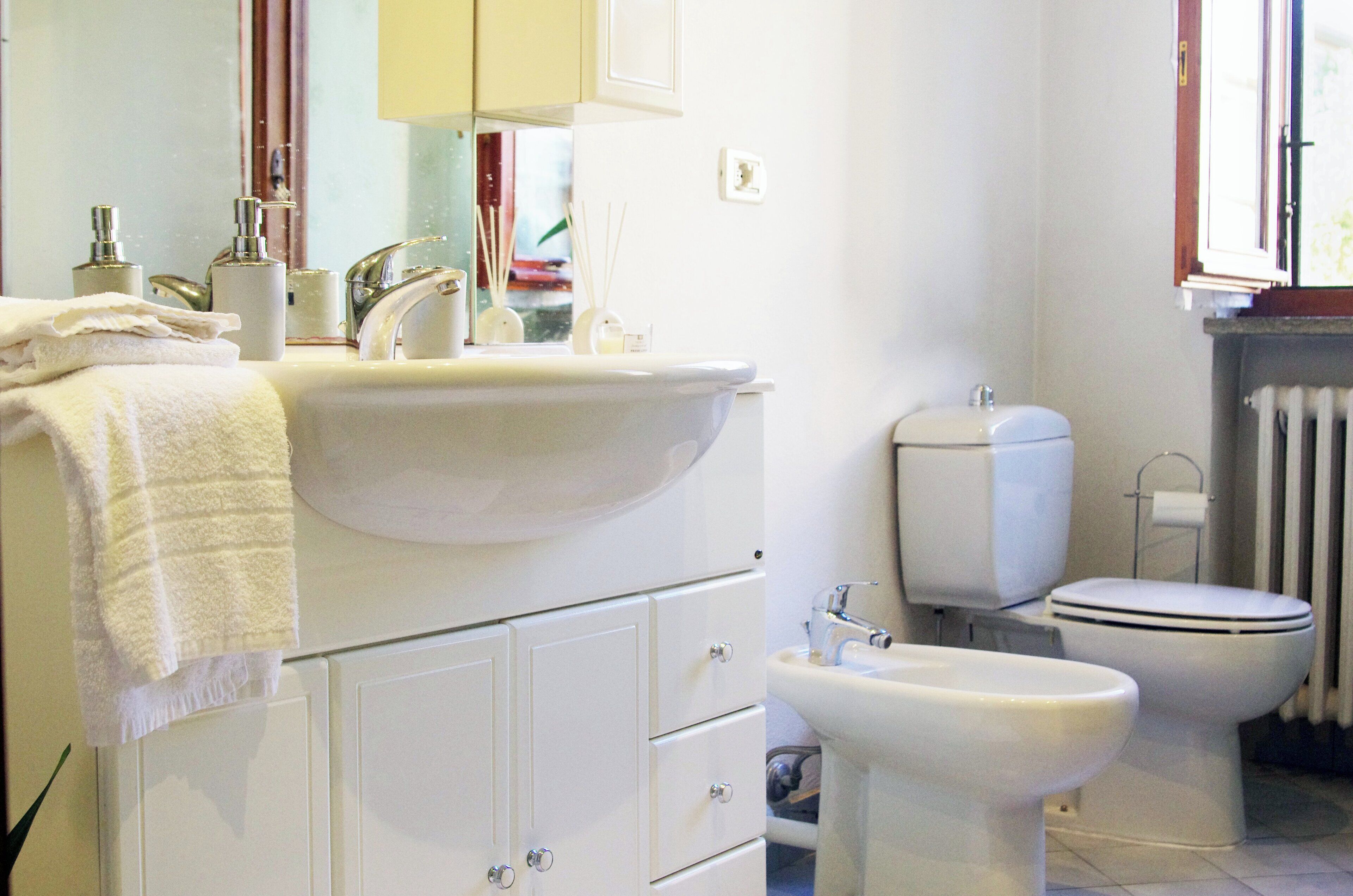 Shower, hair dryer, bidet, towels